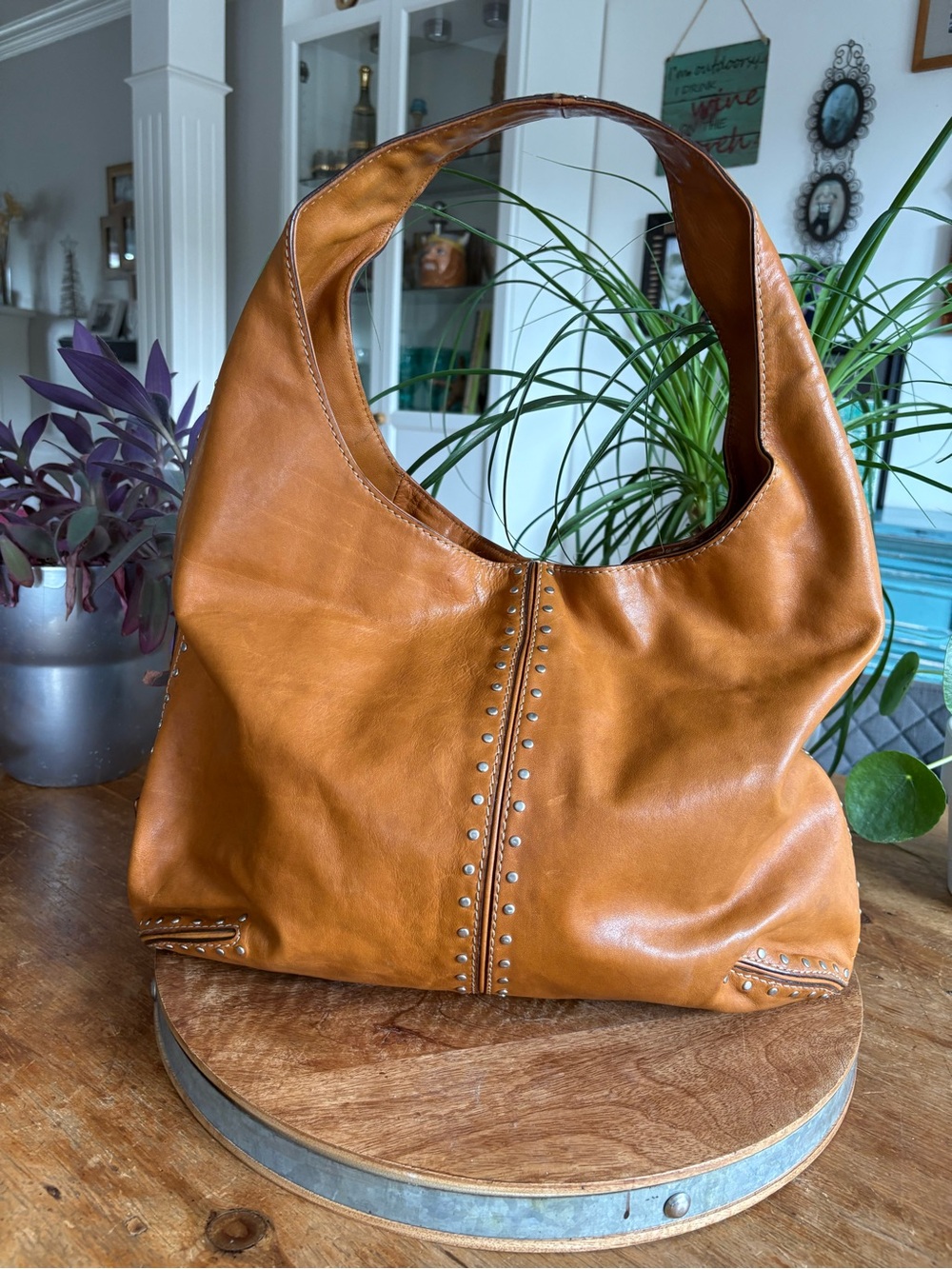 Michael Kors Cognac Leather Stud-Trim Hobo Shoulder Bag